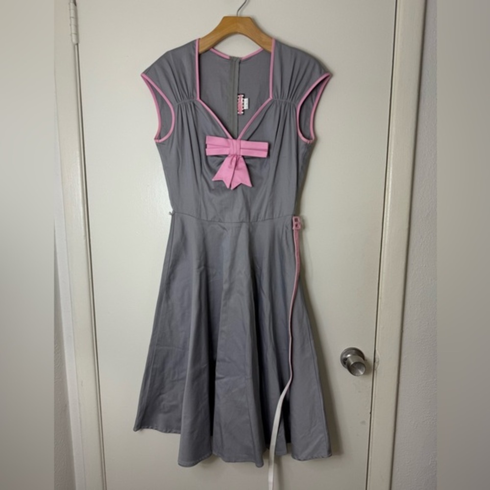Pinup couture, gray with pink accent, Heidi  fit & flare rockabilly midi dress L